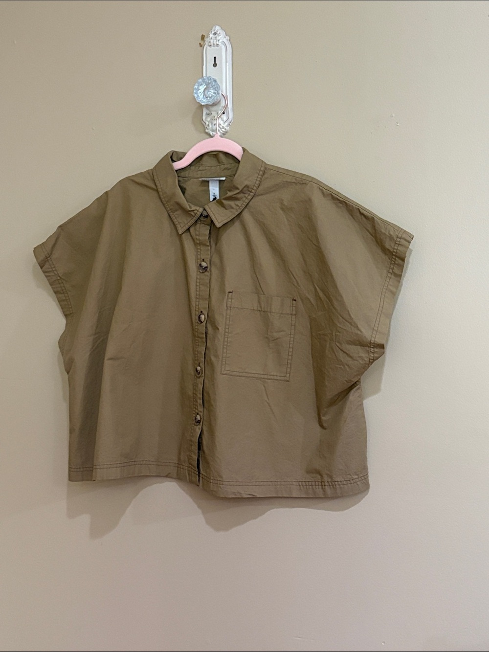 Future Collective Women's Short-Sleeve boxy Button-Up oversized Blouse in Tan
